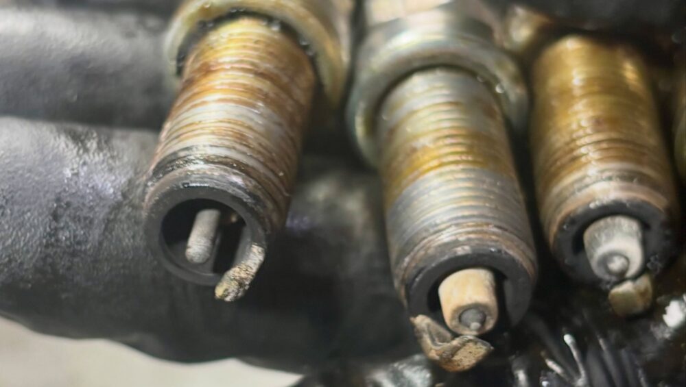 Three oil-soaked spark plugs from a Renault Kangoo, one with its centre electrode melted away