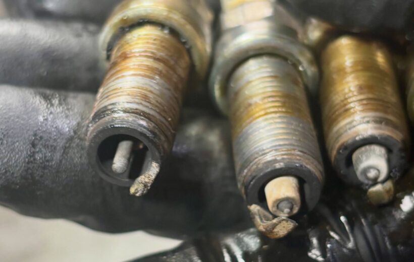 Three oil-soaked spark plugs from a Renault Kangoo, one with its centre electrode melted away